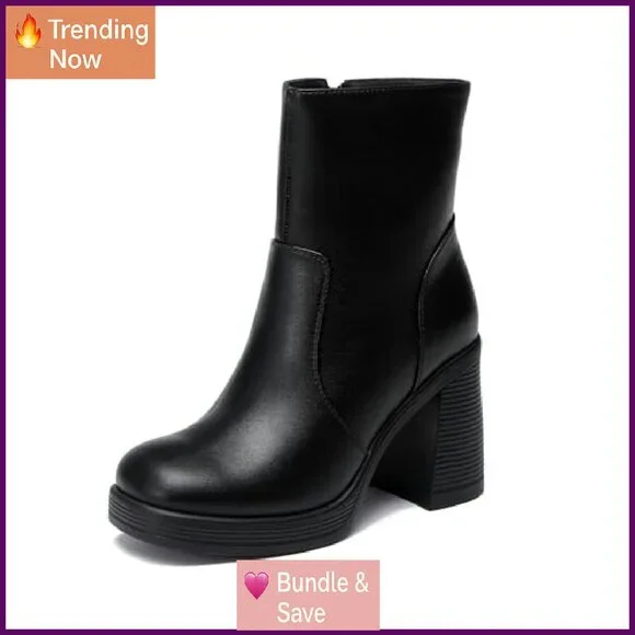 Platform Ankle Boots with Zipper, Square Toe, Chunky Block Heel
